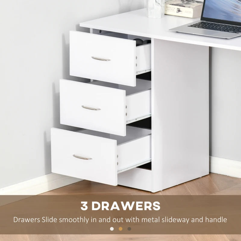 Modern White Computer Desk with 3 Storage Shelves & Drawers, Stylish Writing Table for Home Office, Silver Handle