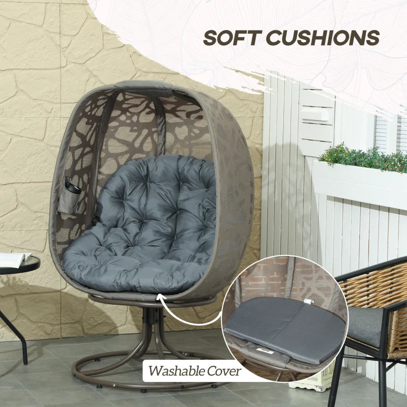 Swivel Egg Chair with Cushions - Foldable Metal Frame Lounge Chair for Indoor Outdoor Use - Grey - Perfect for Balcony, Patio, and Living Room
