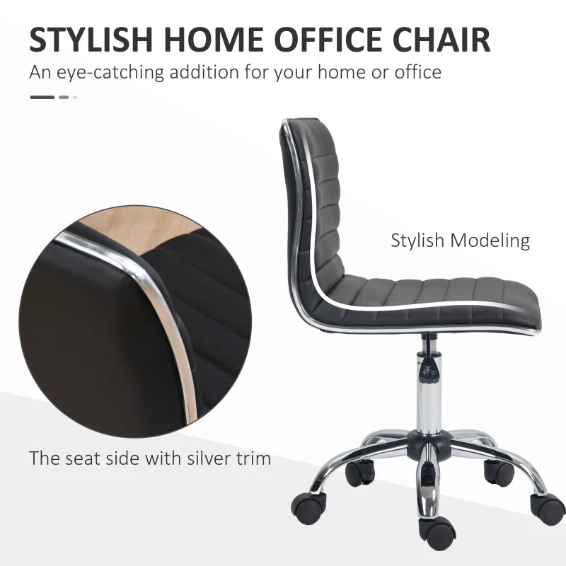 Armless Swivel Task Desk Chair with Faux Leather Adjustable Height Chrome Base and Wheels for Home Office Black