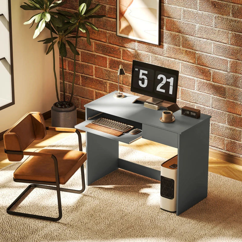 100cm Compact Computer Desk with Keyboard Tray & Drawer - Stylish Grey Home Office Desk for Bedroom Study