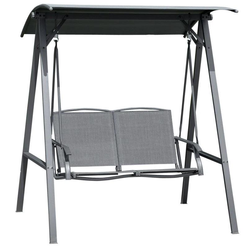 2 Seater Dark Grey Garden Swing Bench - Outdoor Canopy Swing Bench with Adjustable Shade, Metal Frame and Texteline Seat