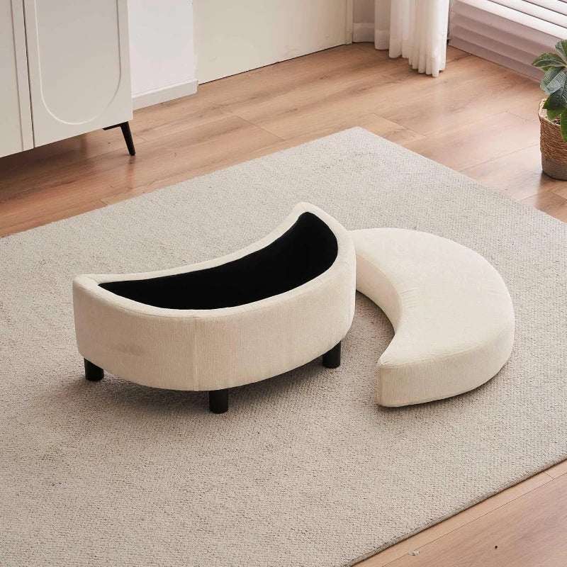 Ivory Chenille Swivel Armchair with Cushions and Ottoman Stool, 360° Recliner Sofa, 107L x 105W x 82H cm