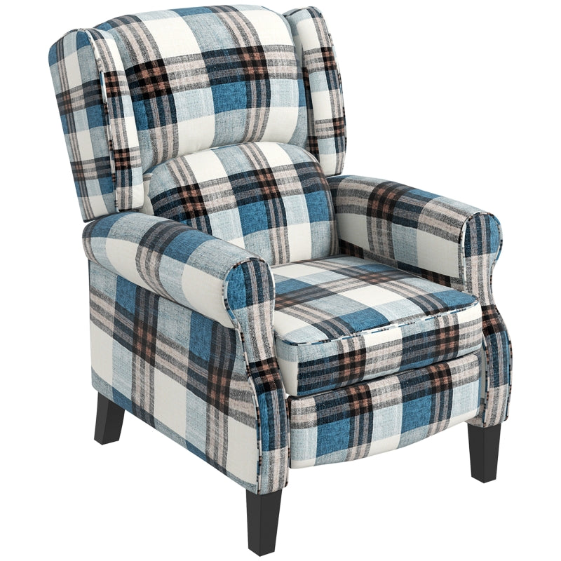 Wingback Reclining Chair with Footrest and Armrests for Living Room or Bedroom, Blue Fabric, Wooden Legs