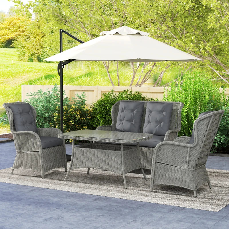 4 Seater Light Grey PE Rattan Outdoor Dining Sofa Set with High Back Chairs and Cushions, Tempered Glass Coffee Table for Patio