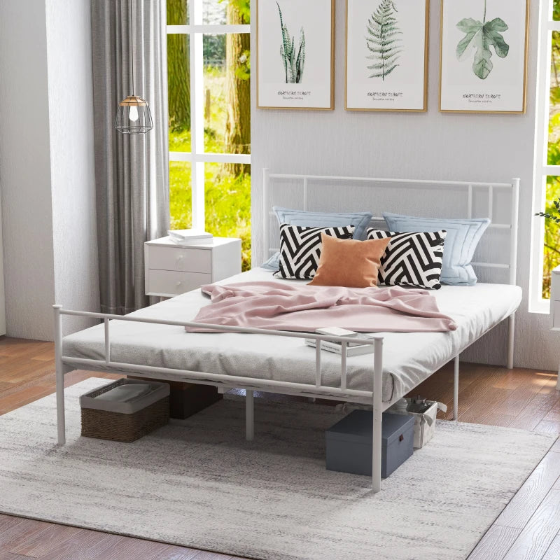 Double Metal Bed Frame with Headboard & Footboard - Solid Slat Support, Underbed Storage, Stylish White Bedroom Furniture