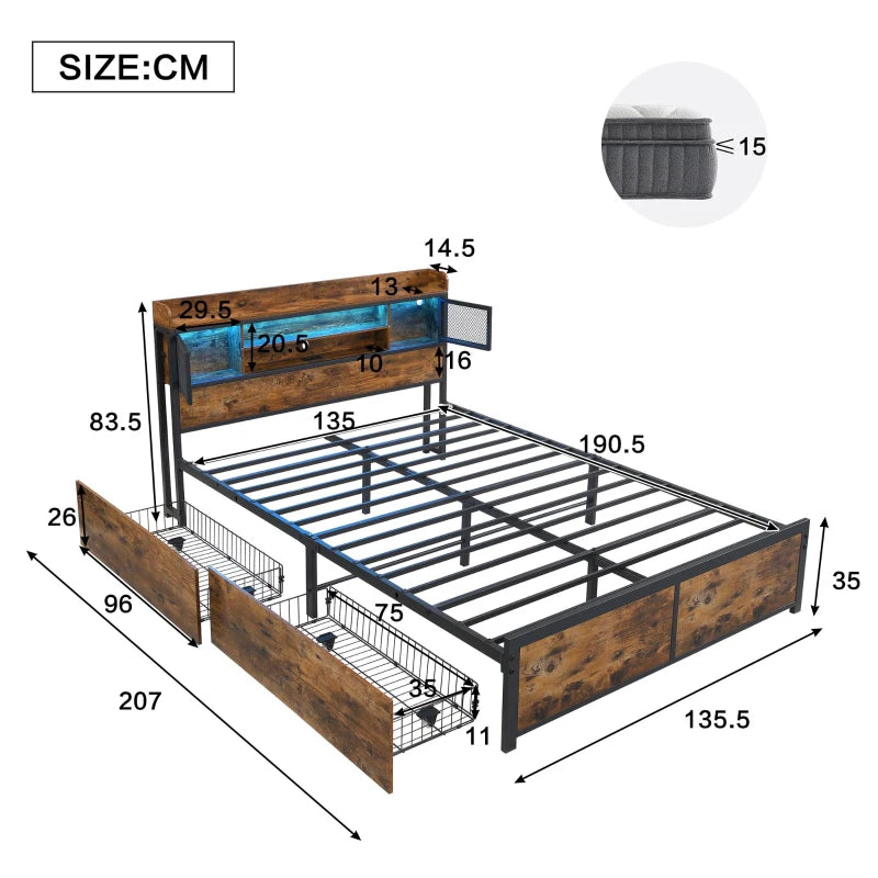 Metal Double Bed with LED Light Strip, USB Ports & 2 Drawers - Sturdy Iron Frame, Black, 207x135.5x83.5 cm