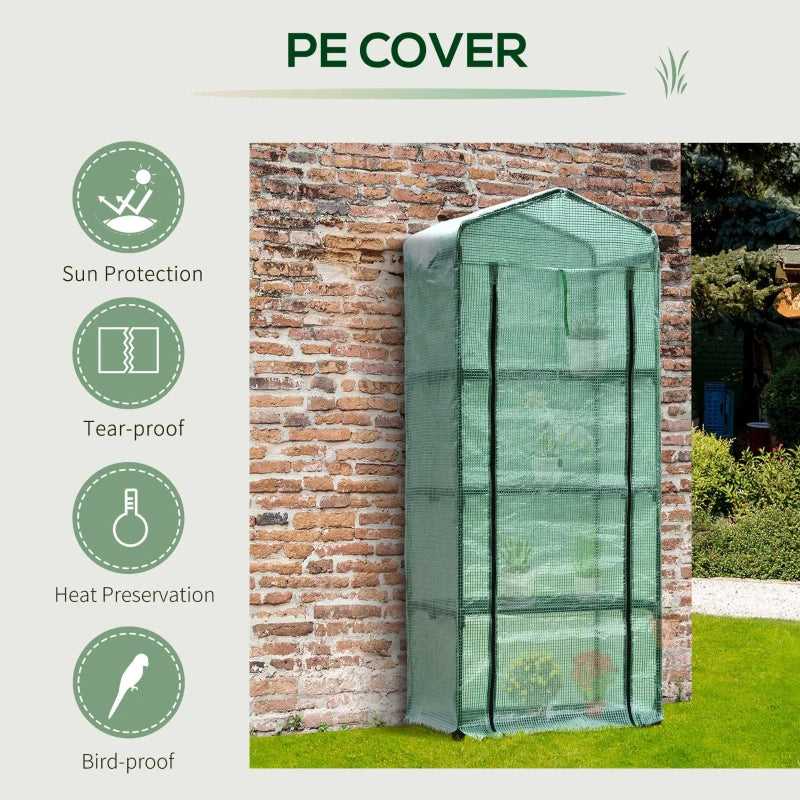 Portable Dark Green 4 Tier Mini Greenhouse with Steel Frame