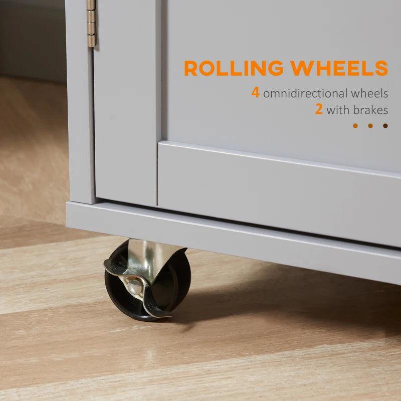 Rolling Kitchen Island on Wheels - Utility Serving Cart with Rubber Wood Top, Towel Rack, Hooks & Storage Drawers in Grey