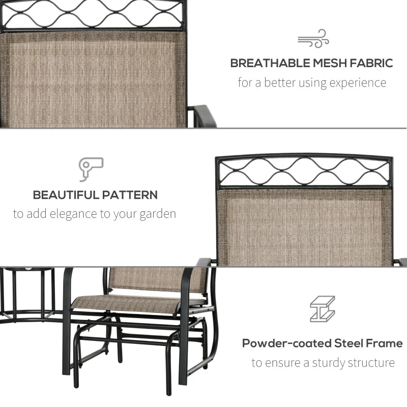 Brown Double Patio Glider Chair with Table - Outdoor 2 Seater Rocking Bench