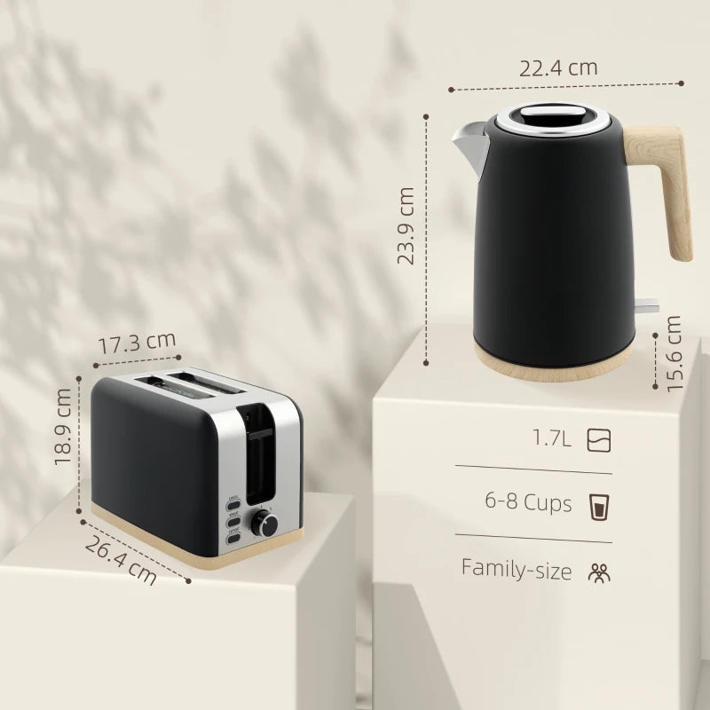 Stainless Steel Kettle & Toaster Set - 1.7L Fast Boil Kettle 3000W & 2 Slice Toaster with 7 Browning Levels, Black