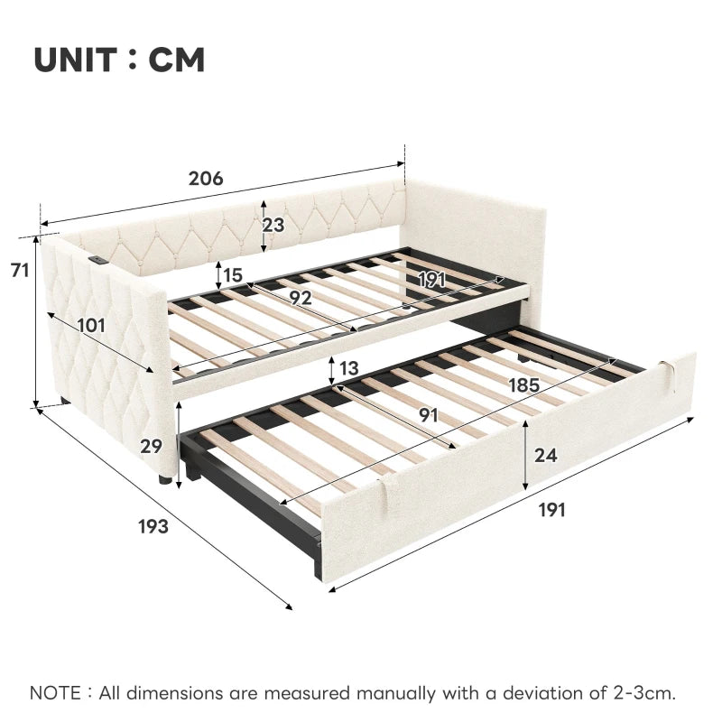 Upholstered Daybed with USB & Type-C Charging Station, Button-Tufted Sofa Bed for Compact Rooms, Beige, 206L x 193W x 71H cm