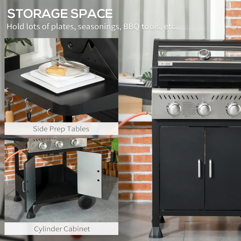 Black 9kW Three-Burner Gas BBQ Grill with See-Through Lid