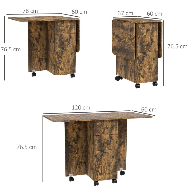 Rustic Brown Multi-Storage Drop Leaf Dining Table for Six - Space-Saving Design, Perfect for Family Gatherings