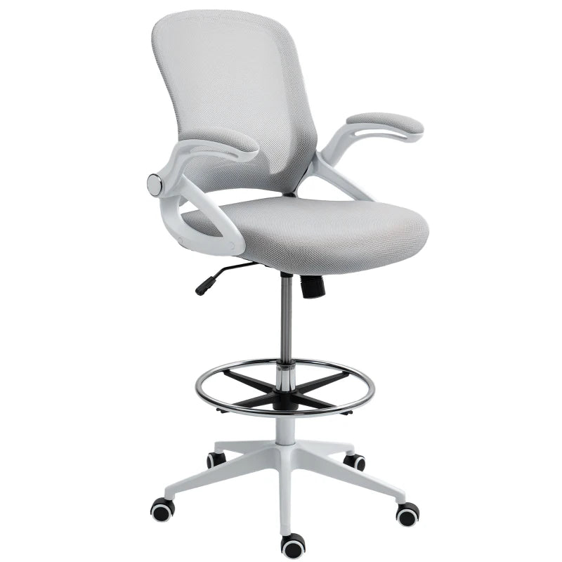 Vinsetto Height Adjustable Drafting Chair with Flip-up Armrest, Mesh Office Stool, 360° Swivel for Standing Desk - Light Grey