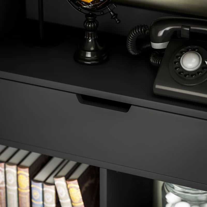 Tall Black Bookshelf with Drawer - Freestanding Bookcase for Bedroom, Living Room & Home Office Storage Solution