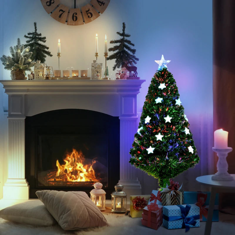 4FT Prelit Artificial Christmas Tree with Fibre Optic Star & LED Lights - Indoor Holiday Decoration for Parties - Green