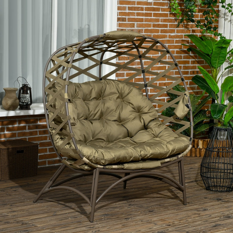 Khaki Folding 2 Seater Outdoor Egg Chair with Cushion and Cup Holders