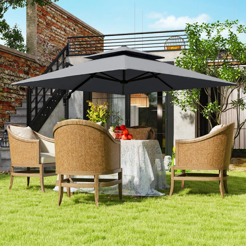3 x 3m Light Grey Cantilever Parasol with Aluminium Frame, Crank and Tilt, 360° Rotation, Double Top Garden Umbrella with Base and Cover