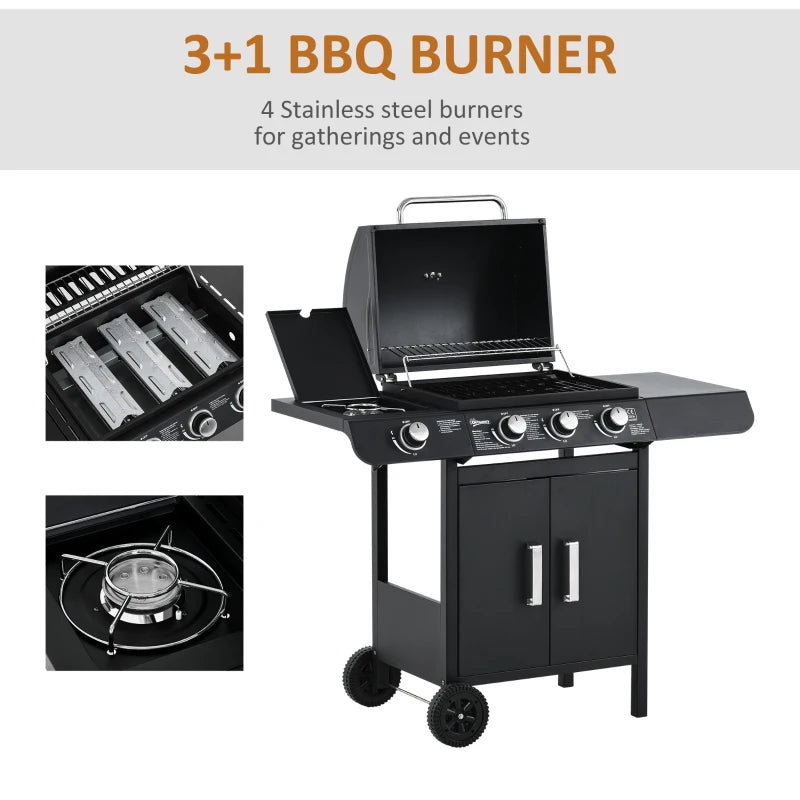 3-Burner Gas BBQ Grill with Side Burner and Storage Cabinet - Black