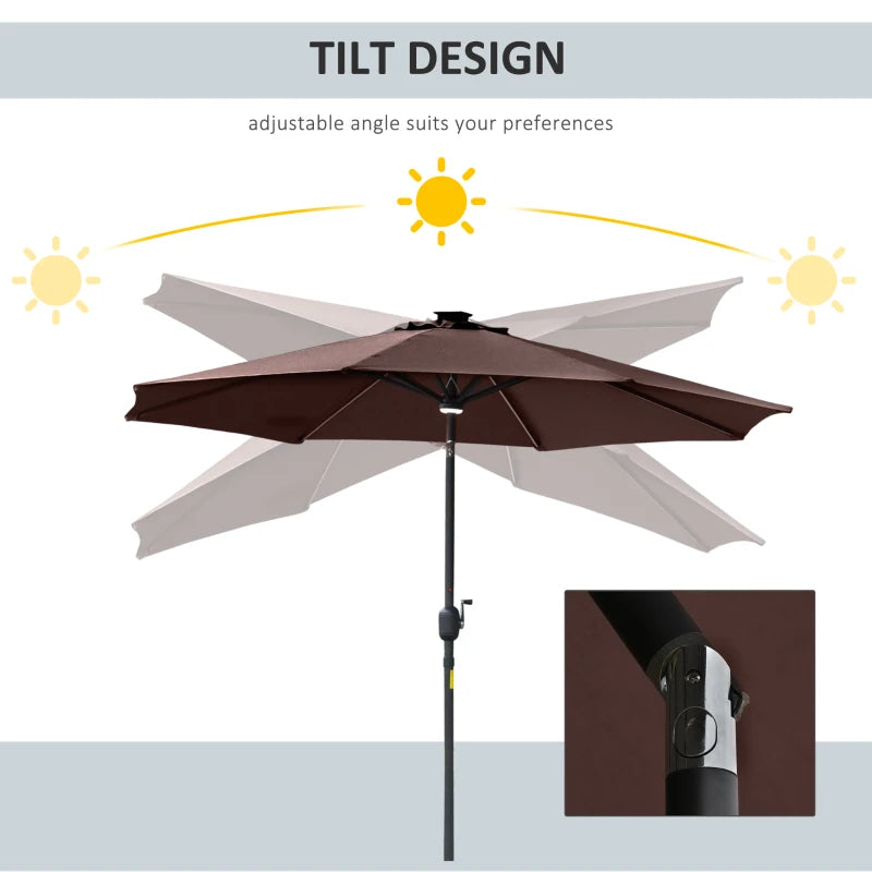 2.7m Solar LED Patio Umbrella with Crank Tilt - Coffee Brown