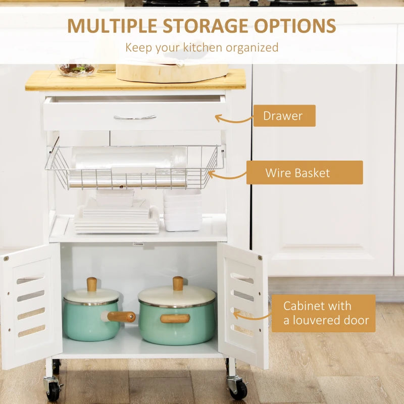 Rolling Kitchen Island Trolley Cart with Bamboo Top, Storage Cabinet, Drawer & Wire Basket - Mobile Utility Cart on Wheels
