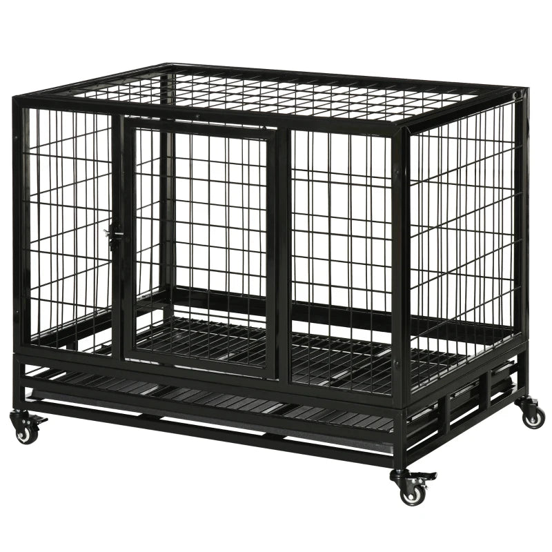 36" Heavy Duty Metal Dog Crate with Tray & Wheels - Black Medium Pet Kennel for Dogs