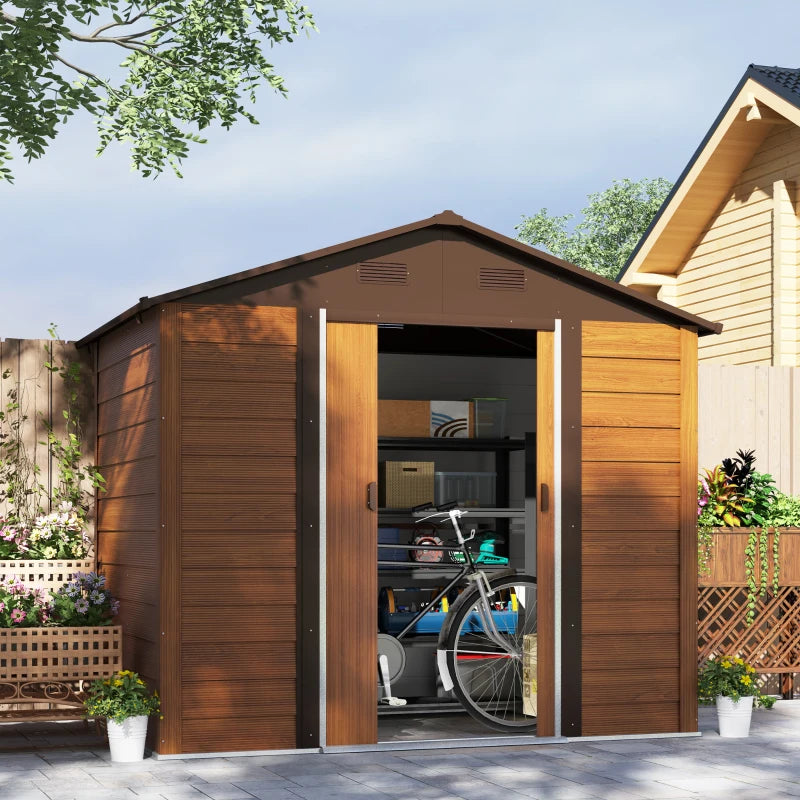 8ft x 6ft Garden Storage Shed with Sliding Door - Durable Brown Wood Effect Outdoor Storage