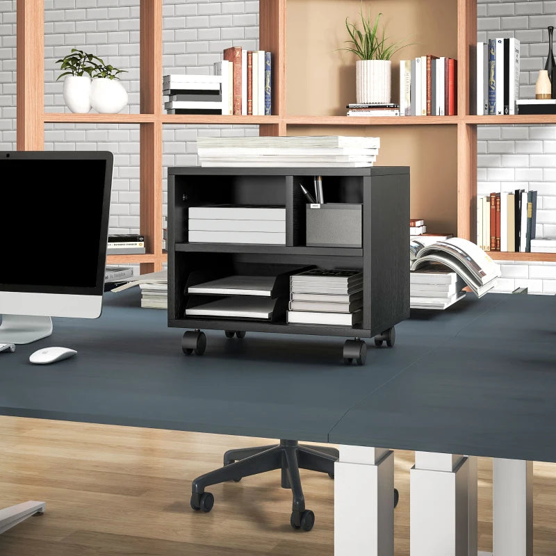 Black Three-Compartment Printer Cabinet on Wheels - Stylish & Functional Storage Solution for Home Office or Workspace