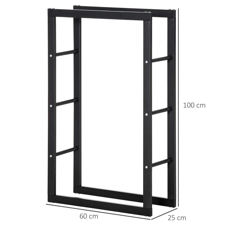 Tall Metal Firewood Log Holder Rack - Indoor Outdoor Fireplace Wood Storage Shelf, Rust-Resistant, Black, 60W x 25D x 100H cm