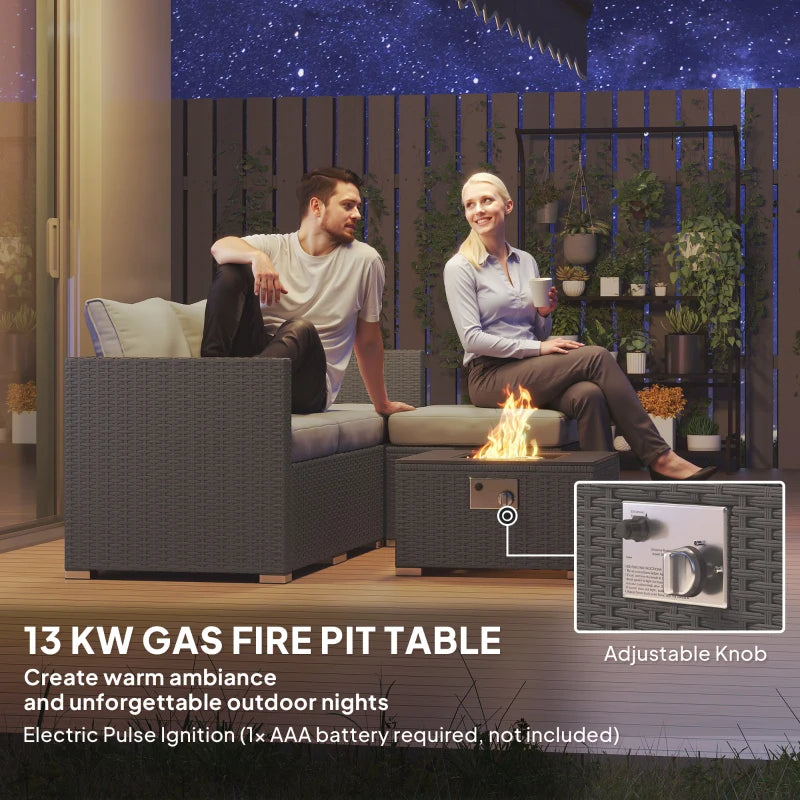 5-Piece Grey Rattan Garden Furniture Set with Gas Fire Pit Table & Footstools