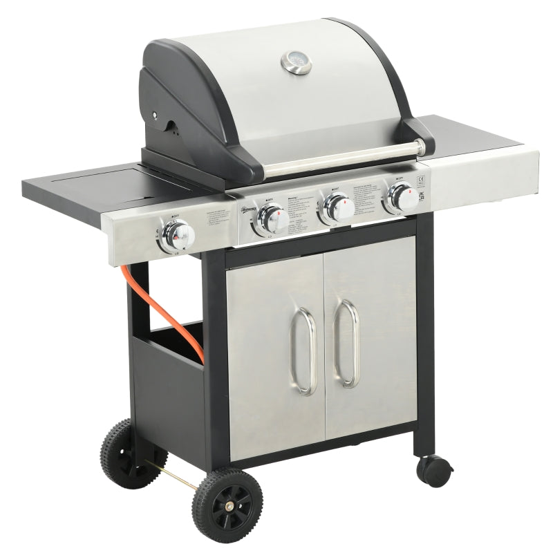 3-Burner Gas BBQ Grill with Smoker, Side Burner, and Storage Cabinet - Stainless Steel/Metal