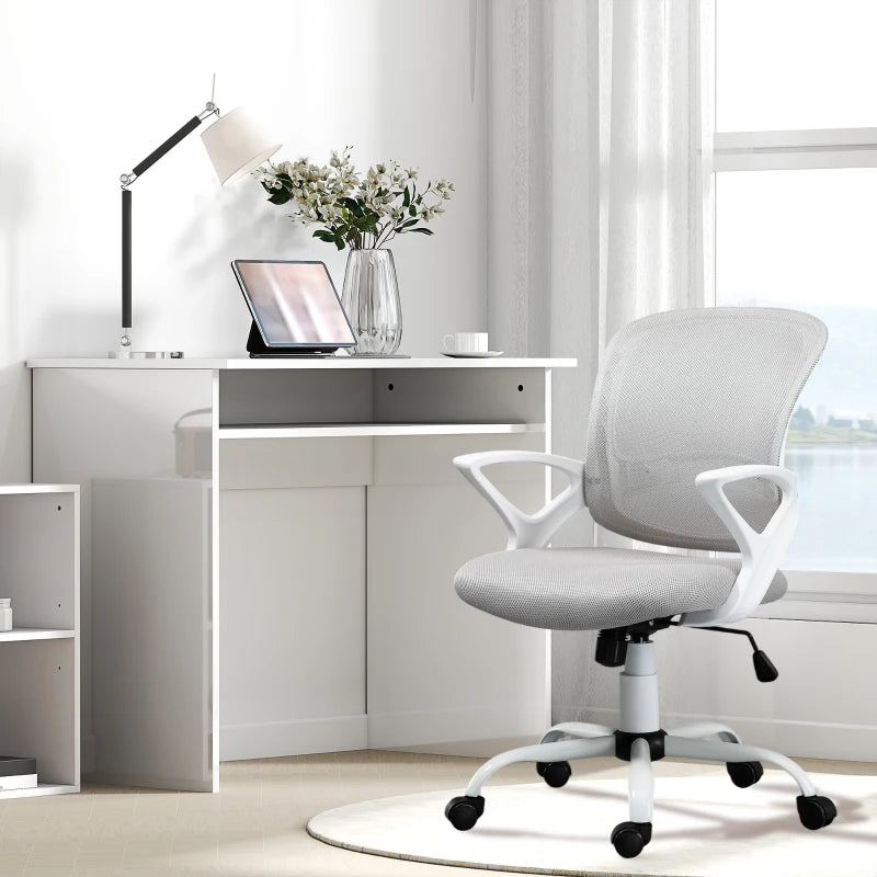 Vinsetto Home Office Chair & Computer Desk Set - Mesh Swivel Chair & High Gloss White Grey Study Desk with Storage