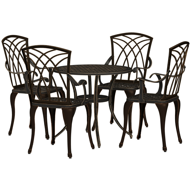5-Piece Bronze Outdoor Garden Dining Set for 4 - Cast Aluminium Round Table with Parasol Hole and 4 Armchairs