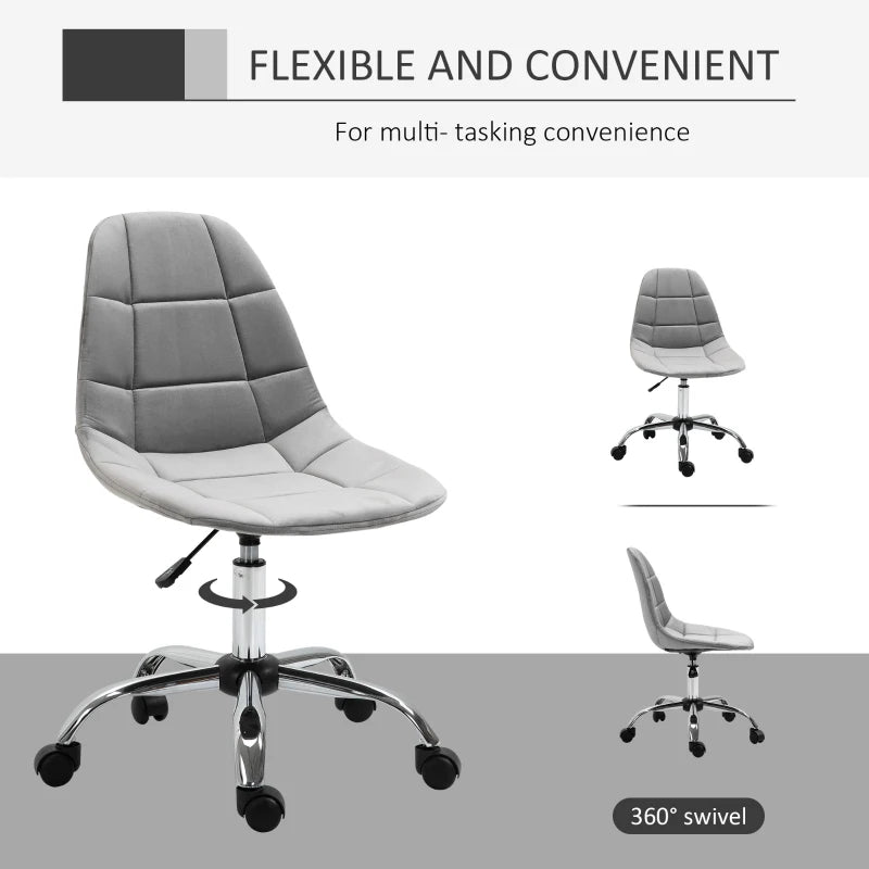 Vinsetto Ergonomic Velvet Office Chair - Adjustable Height, Armless Design, Wheels - Stylish Grey Executive Chair for Home & Study