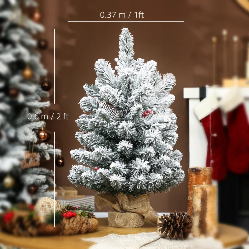 60 cm Prelit Small Christmas Tree - 35 LED Lights, Snow Flocked Mini Xmas Tree with Pine Cones & Berry Clusters