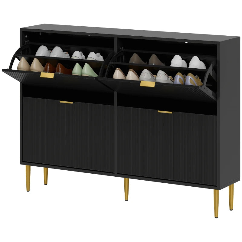 Narrow Black Shoe Cabinet with 4 Flip Drawers for Space Saving Storage