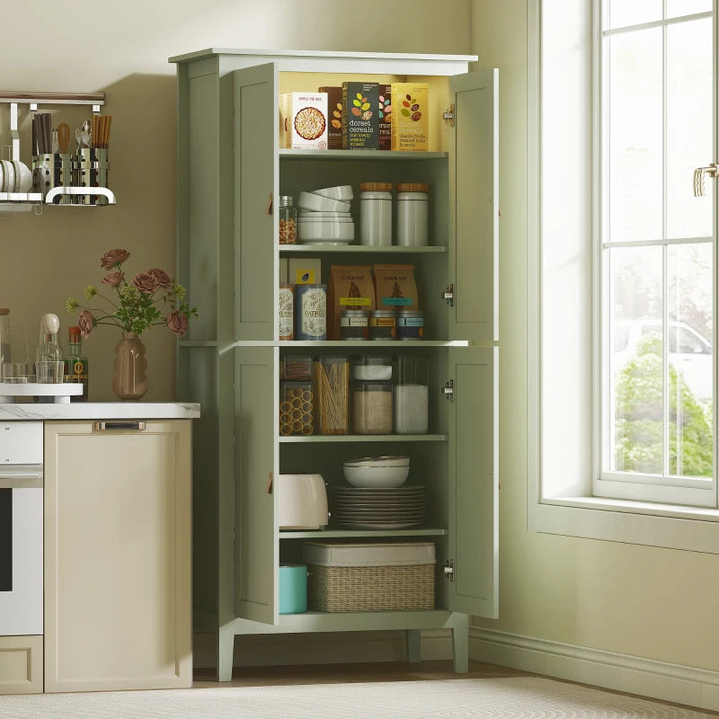 Tall Green Pantry Cupboard with Motion Sensor LED Light for Kitchen Storage
