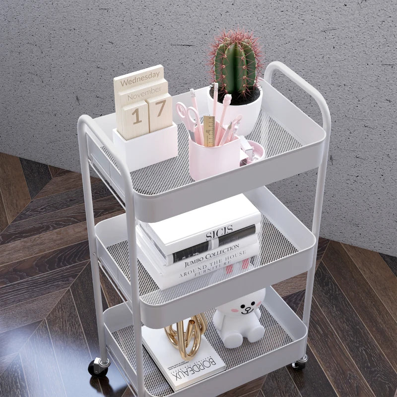 Three-Tier White Steel Storage Trolley - Versatile Rolling Cart for Kitchen, Office, and Home Organization