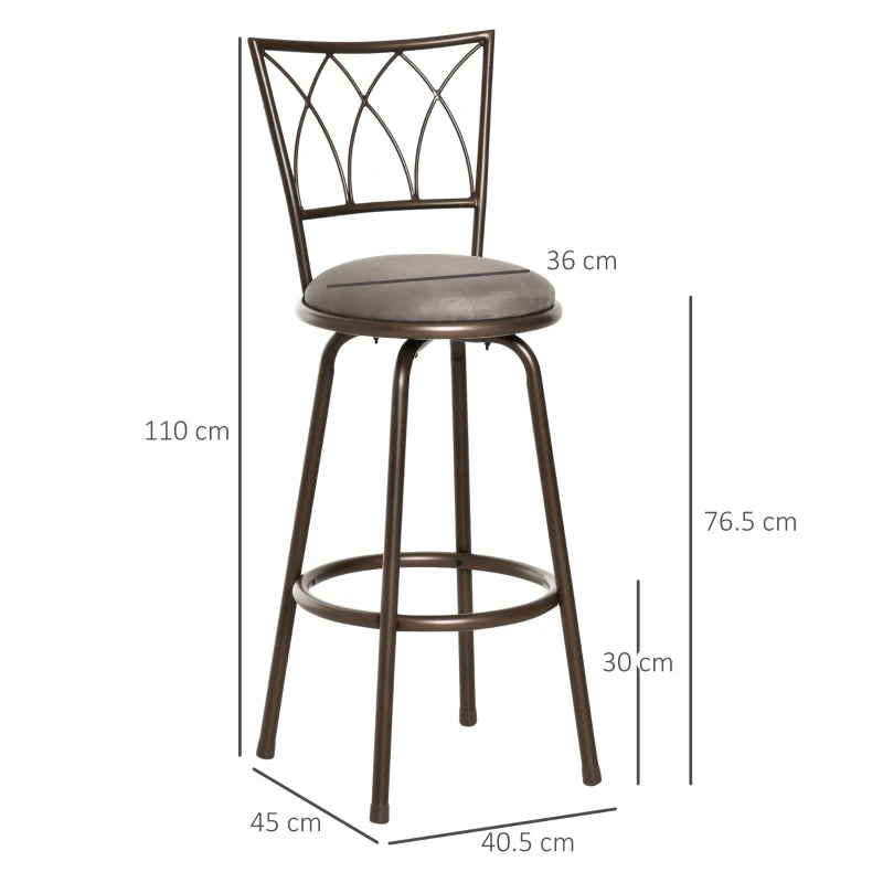 Set of 2 Swivel Bar Chairs - Armless Upholstered Metal Frame Barstools with Backrest & Footrest in Bronze