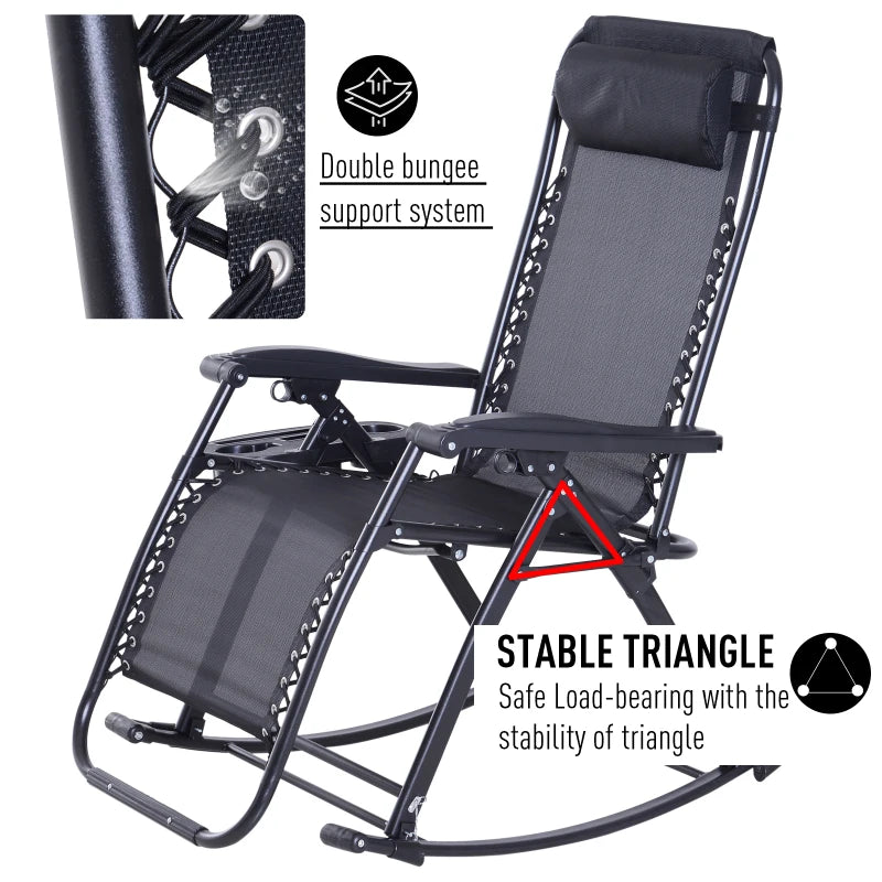 Black Foldable Outdoor Rocking Chair with Sun Lounger and Cup Holder