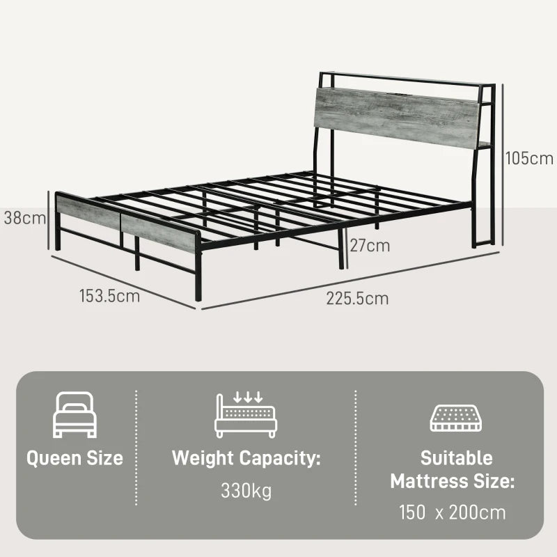 King Steel Bed Frame with LED Lights & Headboard Shelf - Modern Grey Design for Stylish Bedrooms
