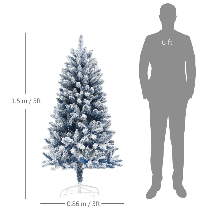 5ft Flocked Blue Artificial Christmas Tree with 450 Snow Frosted Tips & Metal Stand - Snowy Hinged Xmas Decor