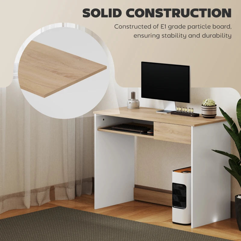 100cm Compact Oak Computer Desk with Keyboard Tray & Drawer - Ideal Home Office & Bedroom Study Furniture