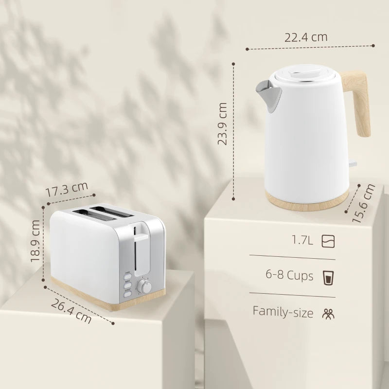 Stainless Steel Kettle & Toaster Set - 1.7L Fast Boil Kettle 3000W & 2 Slice Toaster with 7 Browning Levels, White