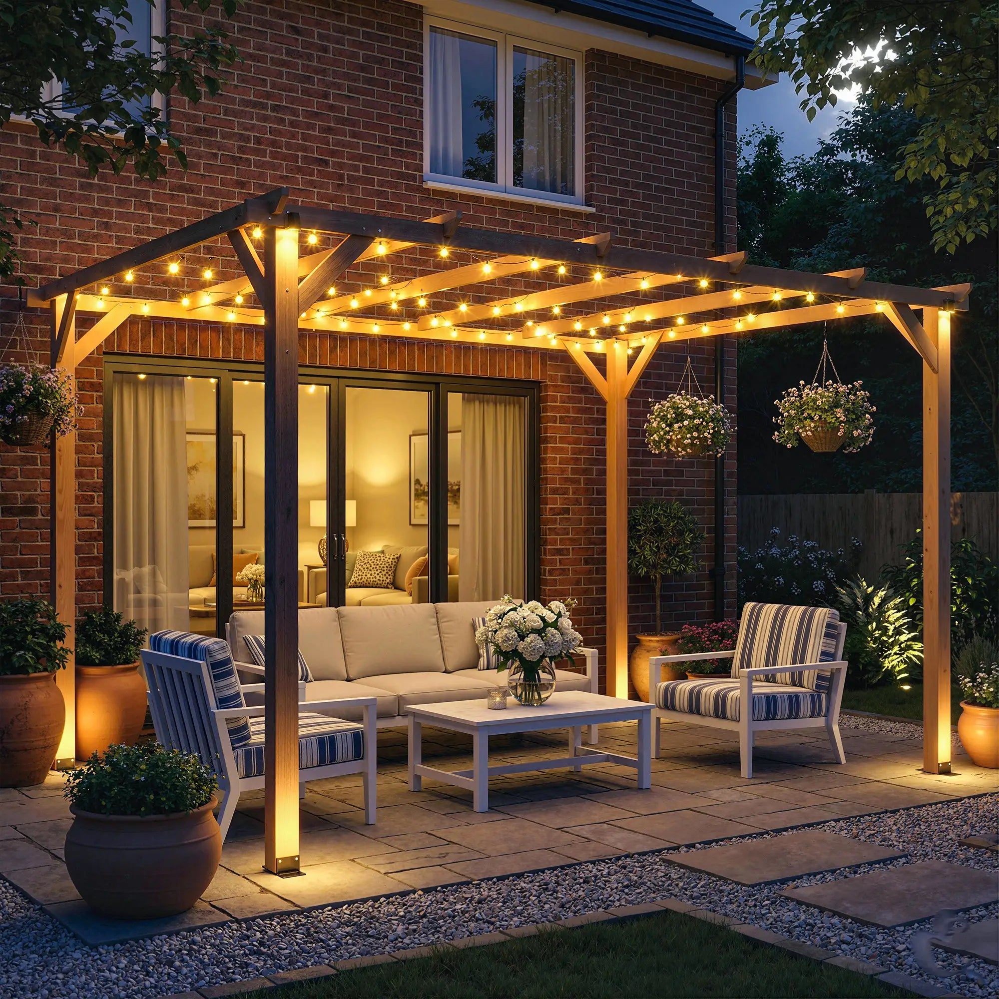 4x3m Wooden Pergola Kit with Triangle Supports – Garden Gazebo Grape Trellis Frame, 6-Beam Maple Wood-Effect Design