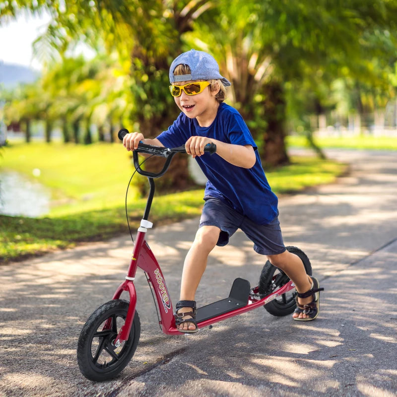 Kids Kick Scooter with 12" EVA Tyres, Rear Brake & Big Wheels - Perfect for Ages 5-12, Red Color