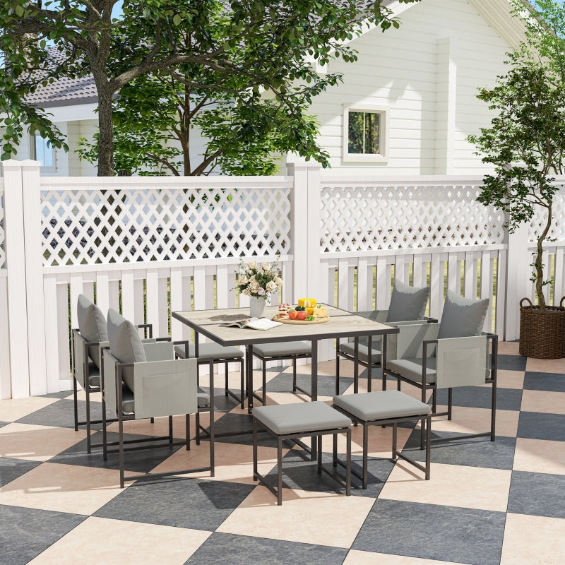 Nine-Piece Grey Steel Frame Garden Dining Set - Outdoor Furniture for Patio and Backyard
