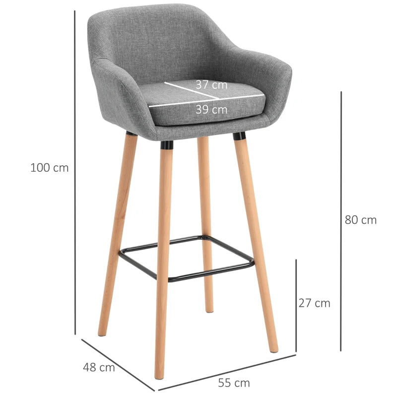 Set of 2 Modern Upholstered Bar Stools with Metal Frame & Solid Wood Legs - Grey Fabric Dining Chairs