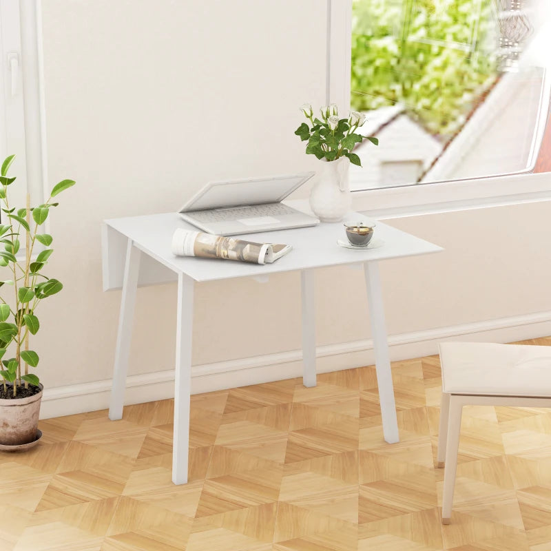 Solid Wood Folding Dining Table - Drop Leaf Rectangle Table for 2-4 People, Space-Saving Kitchen Table in White