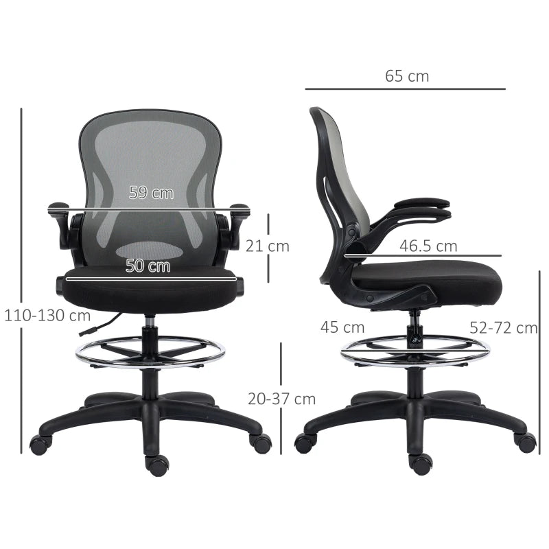 Vinsetto Adjustable Mesh Standing Desk Chair - Flip-up Armrests, Lumbar Support, Adjustable Footrest, Dark Grey